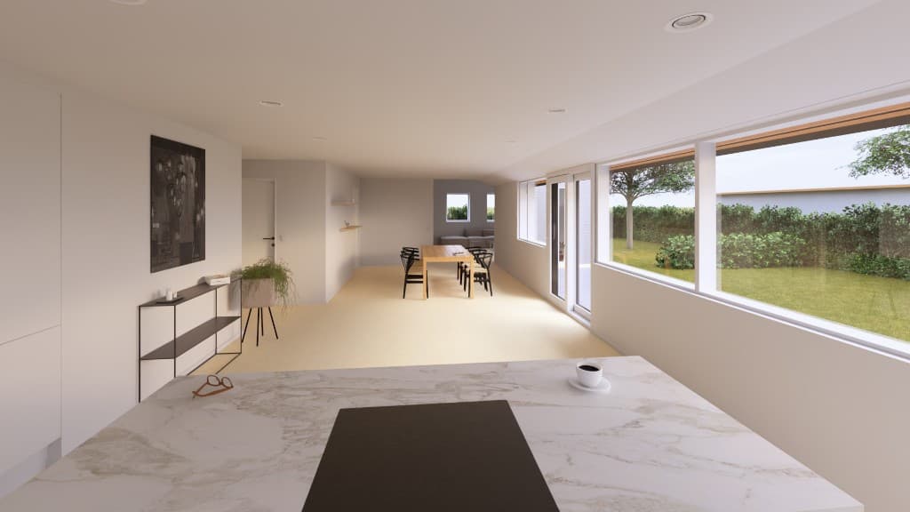 3D-skitse af sort sommerhus med trædæk, overdækket terrasse og solsenge i aftenstemning