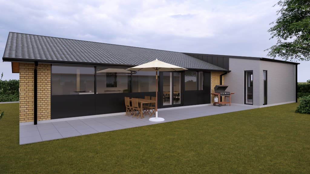 3D-skitse af tilbygning med gule mursten, terrasse og store glaspartier